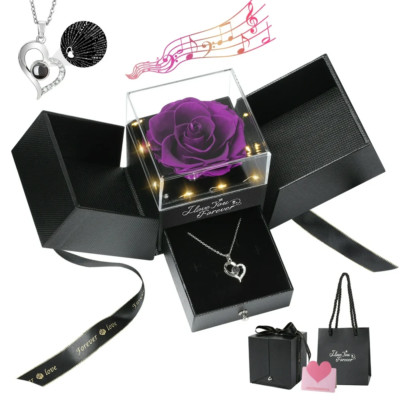 Preserved Rose Flower with Heart Necklace, Eternal Purple Real Rose with Music L