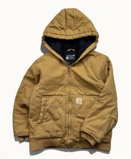 Youth Carhartt Full Zip Hooded Work Jacket Sz M 10/12 Beige Canvas OJ8545-B