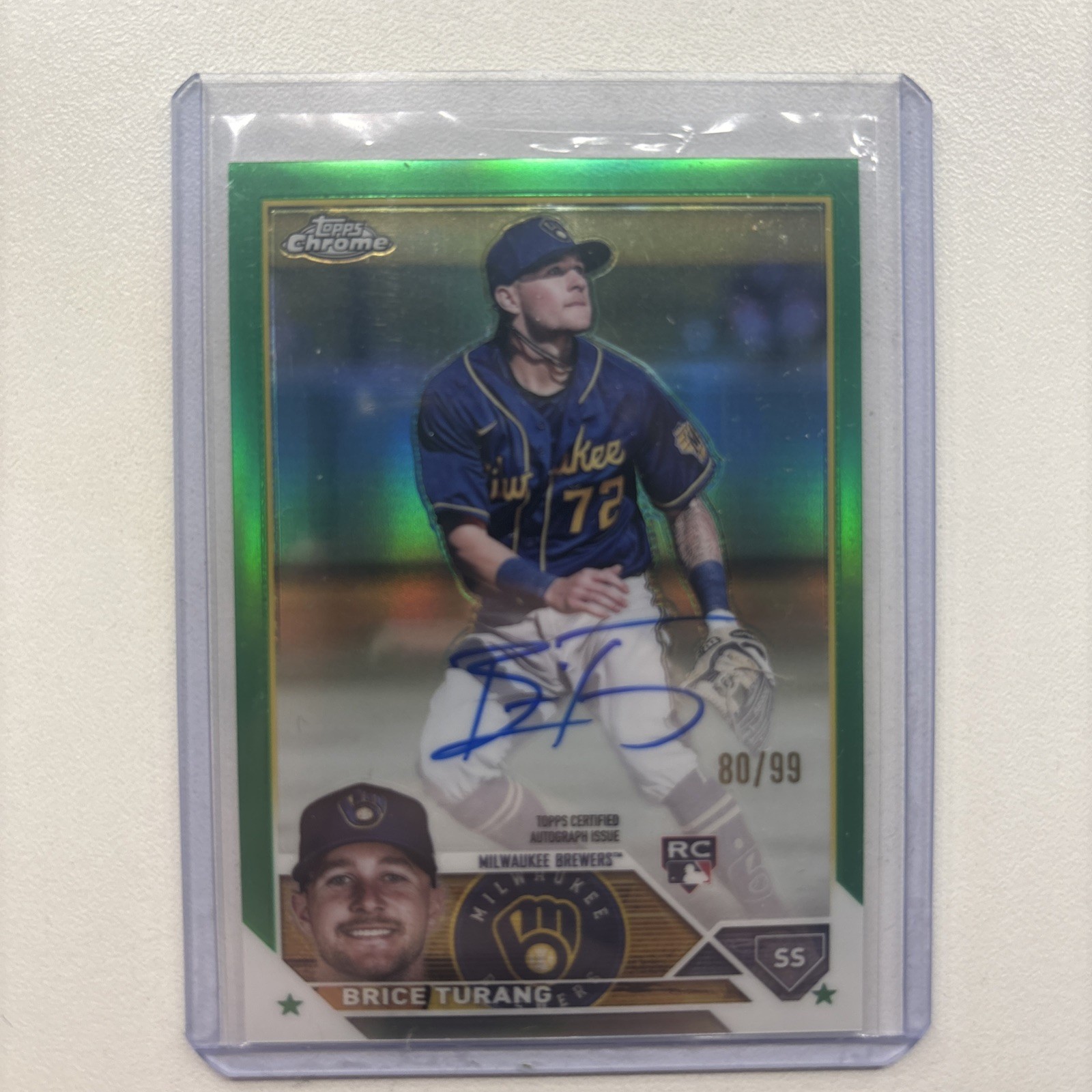 2023 Topps Chrome Brice Turang GREEN REFRACTOR RC Autograph /99 RA-BT Rookie SP