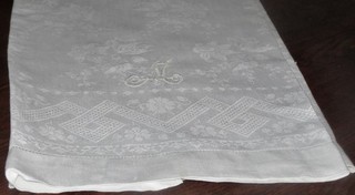 Large Antique Damask Linen Bath Towel Monogram M Floral Cutwork Drawn Hem 22x41