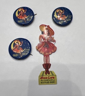 ANTIQUE MILLER HIGH LIFE BEER PINBACK BUTTON W/CELLULOID HANGER 1930'S