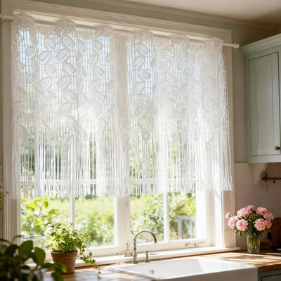 1 Panel White Lace Leaf Pattern Sheer Curtain Valance for Kitchen Small Window R