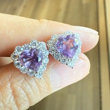 925 Sterling Silver Earrings 6mm Heart Natural Amethyst Gemstone Zircon Gift