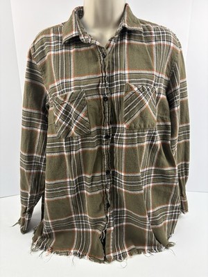 One 24 Rags Womens Green Plaid Flannel Shirt Frayed Trim Button Up Size Med Warm