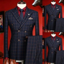 Plaid Men's Suits Double Breasted British Vintag Wedding Groom Tuxedo 2 Pieces
