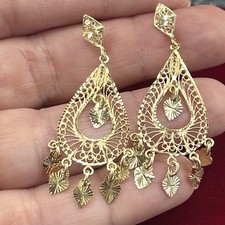 14K Solid Yellow Gold Etched Hearts Dangle Drop Pierced Earrings 4.1g