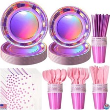 Iridescent Pink Party Supplies Set for 25, Holographic Plates, Napkins, Cups