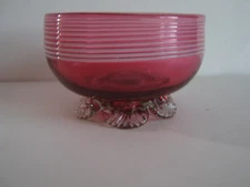 ENGLISH CRANBERRY ART GLASS OPEN SALT CELLAR w/WHITE THREADING, c1900