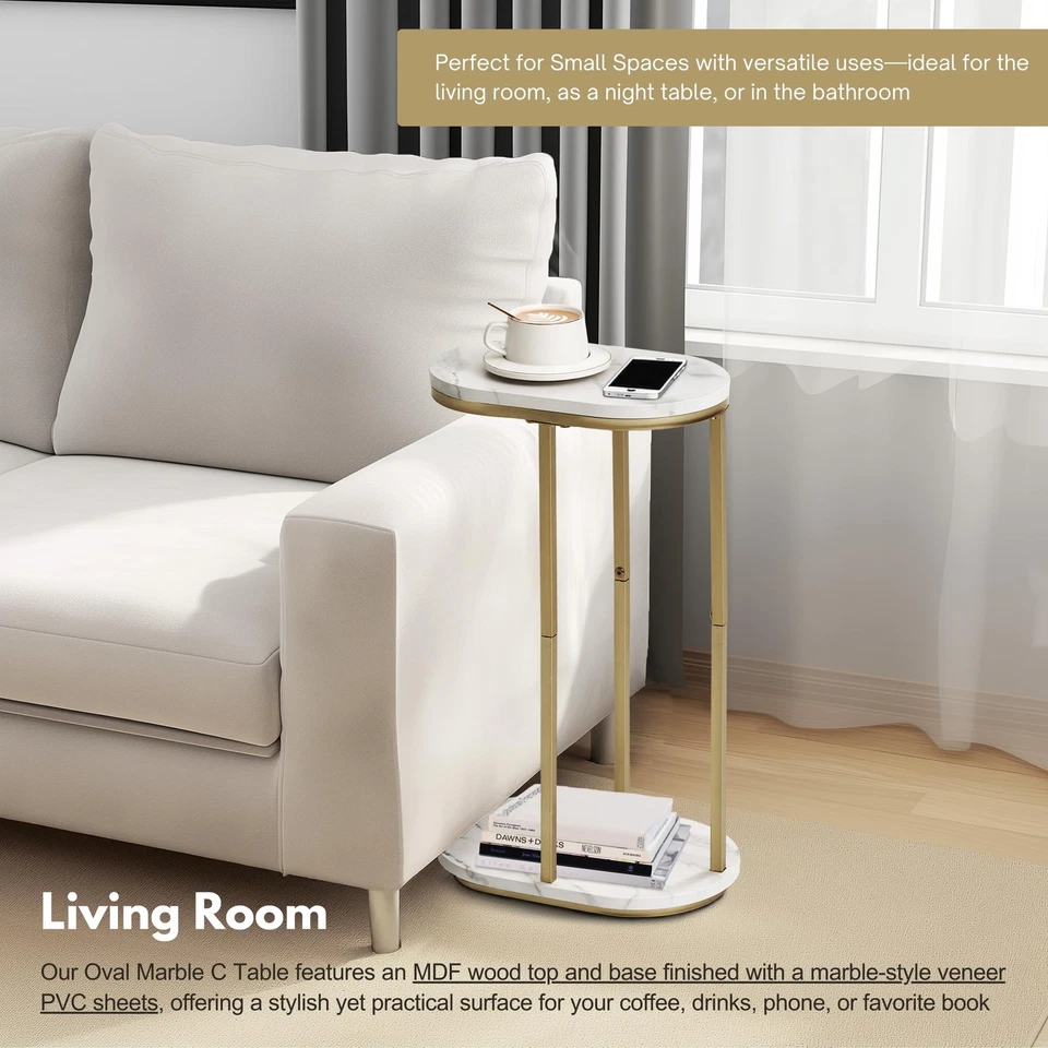 Wooden Marble Side Table, Oval Top with Gold Metal Frame for Ends, Compact Ma... - Image 2 of 4