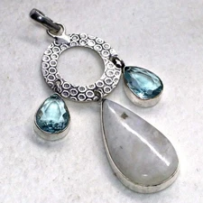 Decent Rainbow Moonstone Blue Topaz 925 Silver Plated Pendant 3" JW
