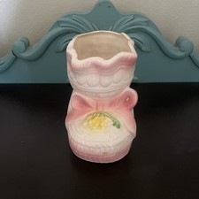 Vintage 60's Ceramic Baby Bootie Planter w/ Pink Flowers Japan 7523