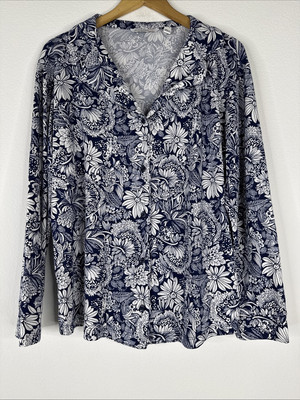 Isaac Mizrahi Live Notch Collar Pajama Top Womens Size M White Blue Floral NEW