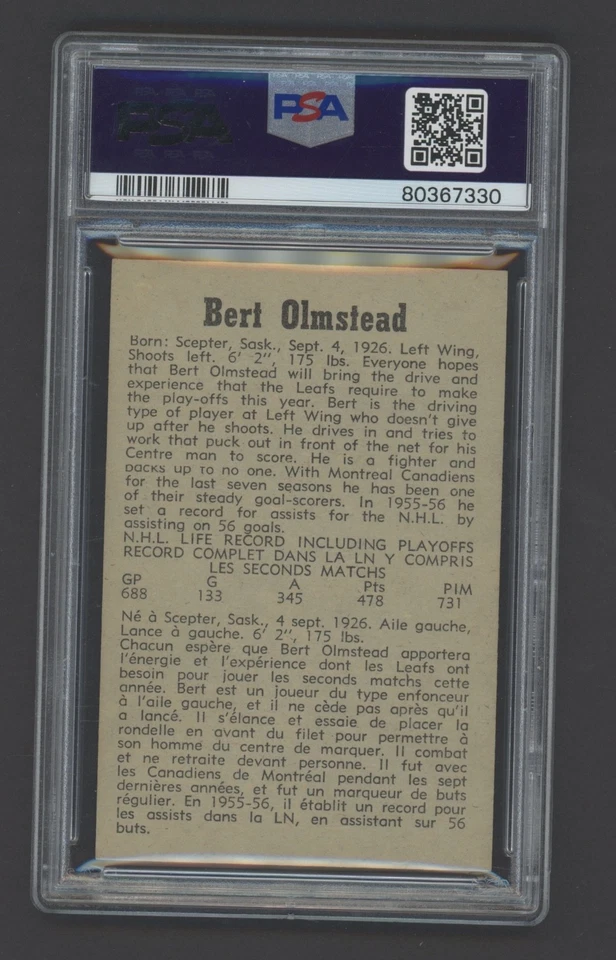 1958-59 Parkhurst Hockey No. 27 Leafs Bert Olmstead PSA 6 Ex-Mt - Image 2 of 2