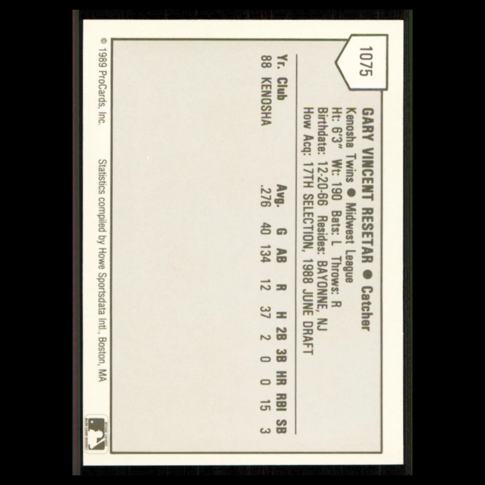 Gary Resetar #1075 1989 ProCards Minor League Team Sets Kenosha Twins Baseball - Image 2 of 3