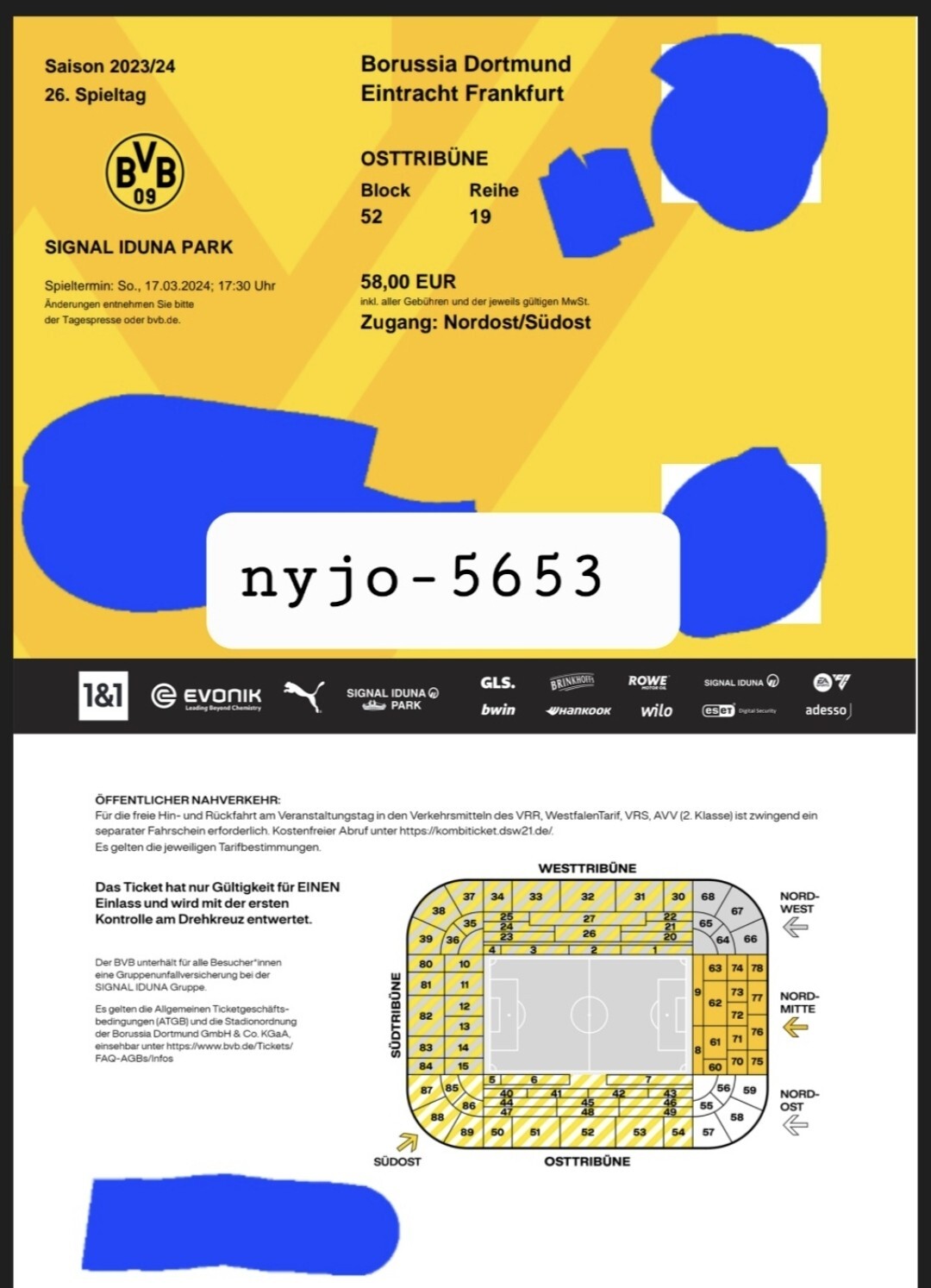 Was Kostet Ein Vip Ticket Beim Bvb 1 Ticket Borussia Dortmund BVB Eintracht Frankfurt. Block 52 Reihe 19