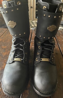 Harley Davidson Leather Barlyn Motorcycle Boots, Gold & Black. #D87195 Size 8.5M