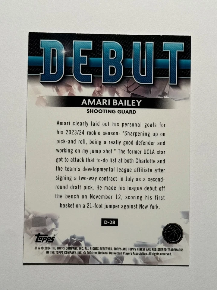 2023/24 Topps Finest Basketball #D-28 AMARI BAILEY RC Debut Blue Refractor /150 - Image 2 of 2