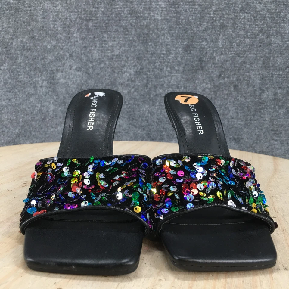 Sandalias Marc Fisher Mujer 7 M Danria Lentejuelas Deslizables Tacones Sin Cordones Cuero Negro Foto 4 de 4