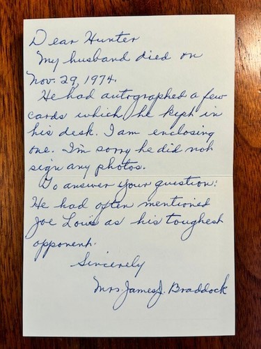 Pristine "Cinderella Man" JAMES J BRADDOCK Signed Card & Wife's Historical note - Picture 2 of 4
