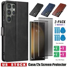 For Samsung Galaxy S23/S23+/Ultra/FE Case Leather Cover Privacy Screen Protector