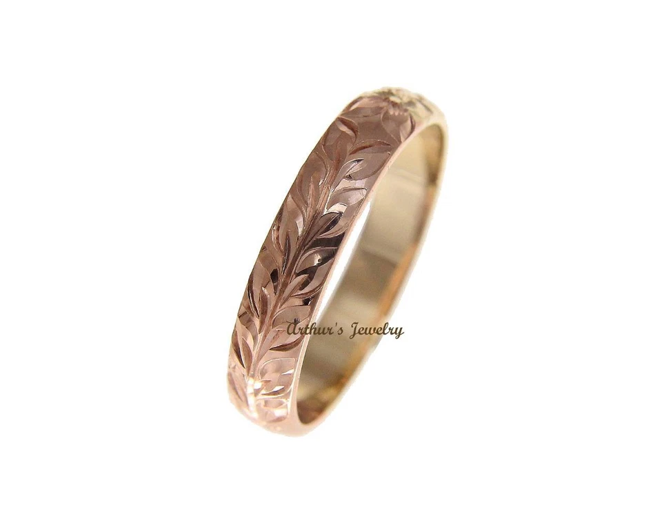 14K YELLOW ROSE GOLD CUSTOM HAND ENGRAVED HAWAIIAN SCROLL MAILE RING 4MM - Image 3 of 4