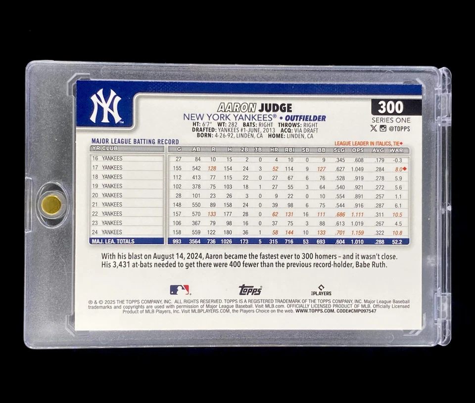 AARON JUDGE PALMERA LÁMINA DE PLATA RARA PARALELA 2025 TOPPS SERIE 1 - YANKEES Foto 3 de 4