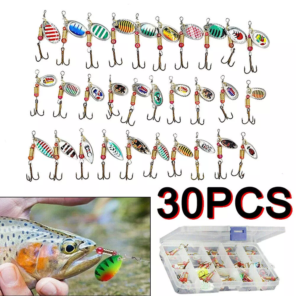 30x Metal Spinners Fishing Lures Sea Trout Pike Perch Salmon Bass Tackle Box  Set