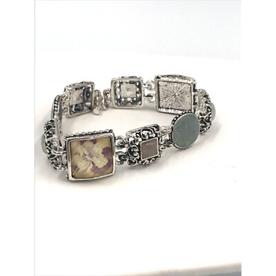 Bracelet Caged Cab Faceted Chain Link floral Resin Artisan style 7.5'' Toggle