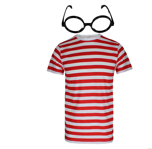 MÄDCHEN-JUNGEN ROT & WEISS GESTREIFTES T-SHIRT BUCH WOCHE GESTREIFT TOP MÜTZE BRILLE SET - Bild 5 von 10