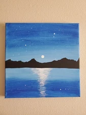 Handmade Acrylic Painting Wooden Frame 10x10 Art Decor Night Mountains Moon Lake