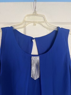 MSK Women Goddess Blue Rhinestone Fringe Chiffon Shift Dress 14W 92052256H  | eBay