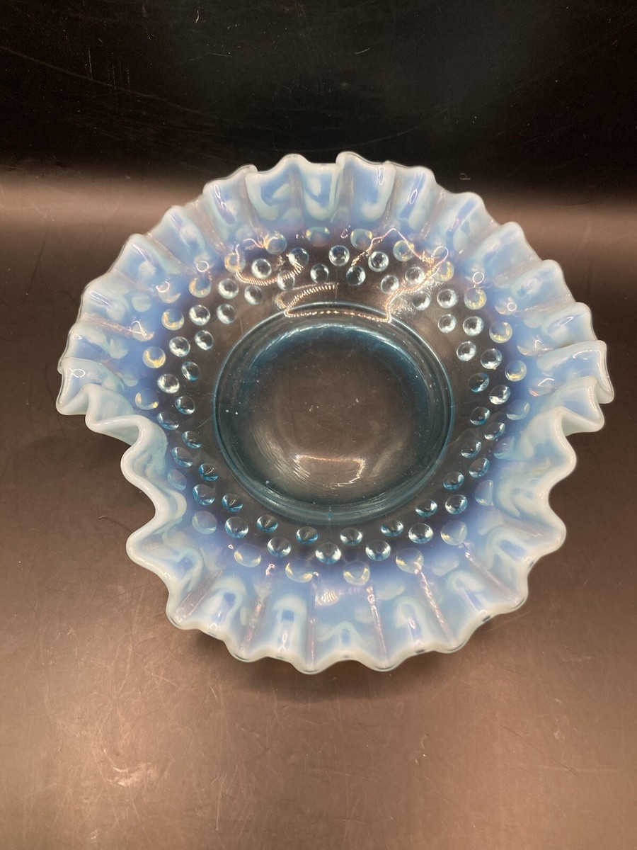 VTG Fenton Art Glass Bon Bon Dish Opalescent Blue Hobnail Ruffle