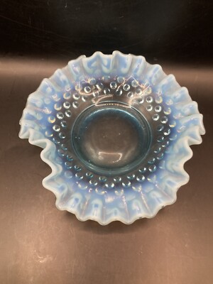 VTG Fenton Art Glass Bon Bon Dish Opalescent Blue Hobnail Ruffle