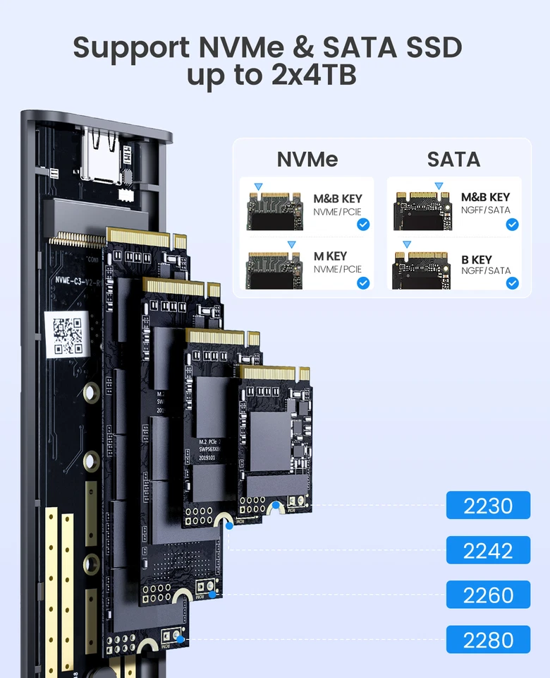 ORICO Dual Bay M.2 NVMe SATA SSD Enclosure USB3.2 10Gbps for PCIe M-Key, B&M Key - Image 3 of 4