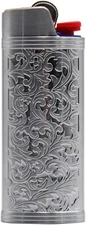 Metal Lighter Case Cover Holder Vintage Floral Stamped for BIC Silver Gray 