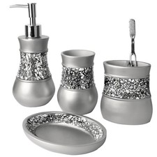 Silver Mosaic Bathroom Accessory Set Complete 4 Pc. Crackled Glass