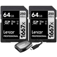 Lexar Professional 1667x 64GB SDXC UHS-II Memory Card 2-Pack  USB-C Reader