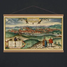 Antique 1617 Ancient Panoramic Map View Of Cracow; Canvas Magnetic Wooden Hanger