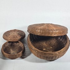 Vintage Round Hand Woven Wicker Basket Set w/ Lids