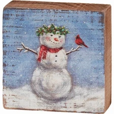 Primitives By Kathy Snow Woman & Cardinal Christmas Wood Box Sign 3" x 3" NEW