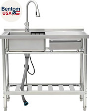 39" Stainless Steel Commercial Kitchen Sink Station with Pull-Down Faucet, Stora