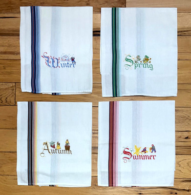 RICAMI FINESCHI, ITALY, SET OF 4 SEASONS EMBROIDERED COTTON DISHTOWELS, 21 X 26