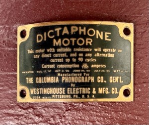 Antique Dictaphone Motor Columbia Phonograph Name Plate Bronze Enamel Pat 1897