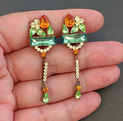 Bold Artistic Vintage Clip Earrings Boho Statement Green Orange Sparkly Autumn