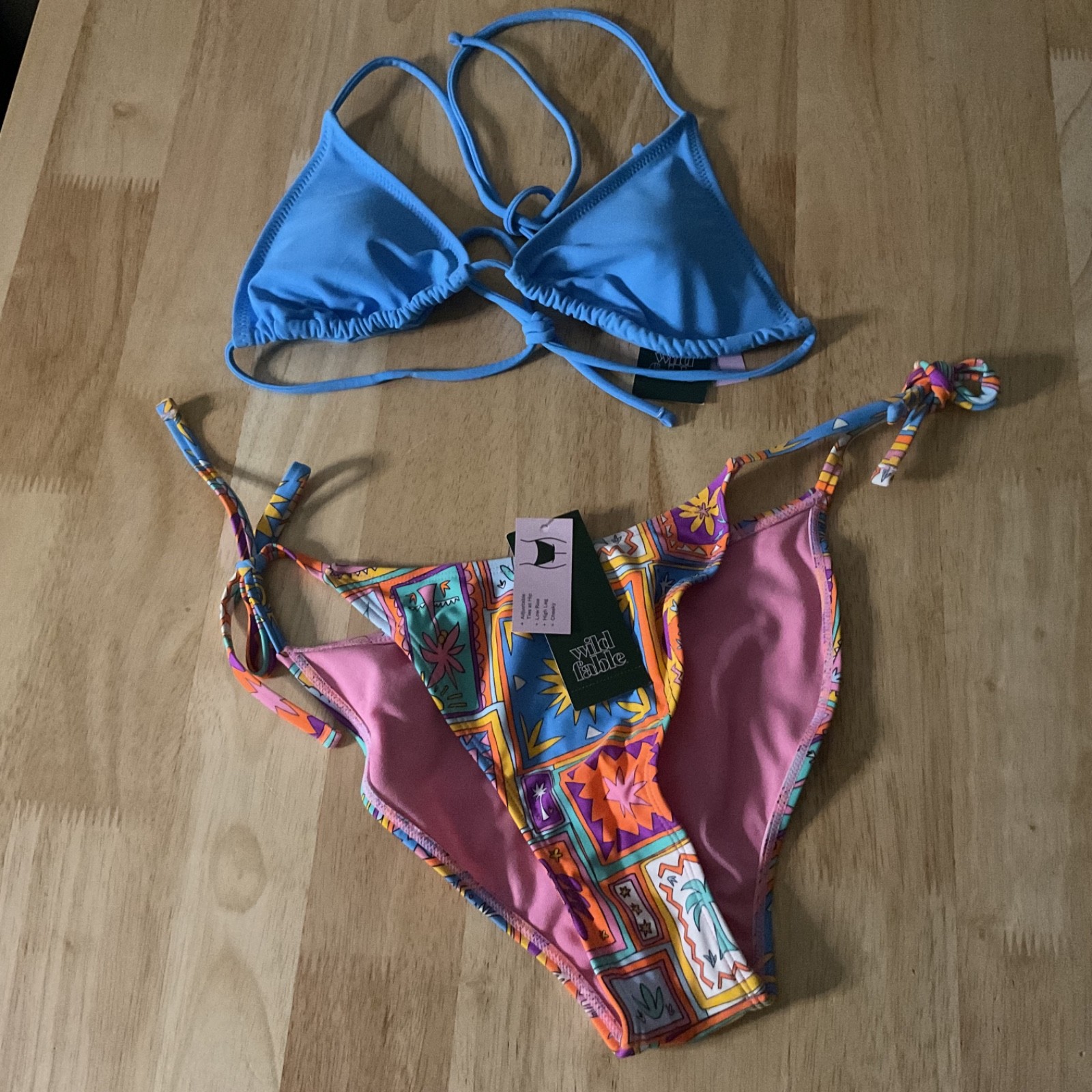 Swimsuit Tie Bottoms Triangle Bikini Top Small Blue Bright Colors Sun Pineapple-image