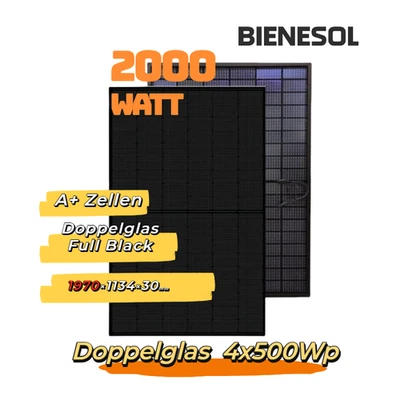 BIENESOL 2000 Watt Solarmodul Solarpanel FULL BLACK Bifazial Glas/Glas 4 Stück á 500 Watt