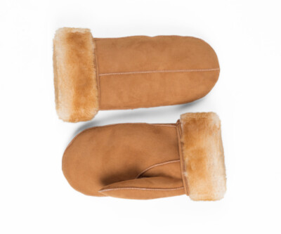 Men's Premium Shearling Sheepskin Leather Fur Mittens Tan