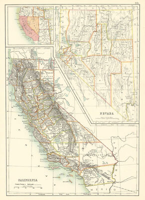 Kalifornien und Nevada State Karten zeigen Grafschaften. Bartholomäus 1898 alt