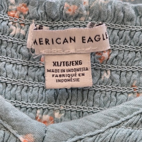 American Eagle Blue Green Floral Puff-Sleeve Boho Mini Dress Size XL Fairycore - Picture 8 of 10