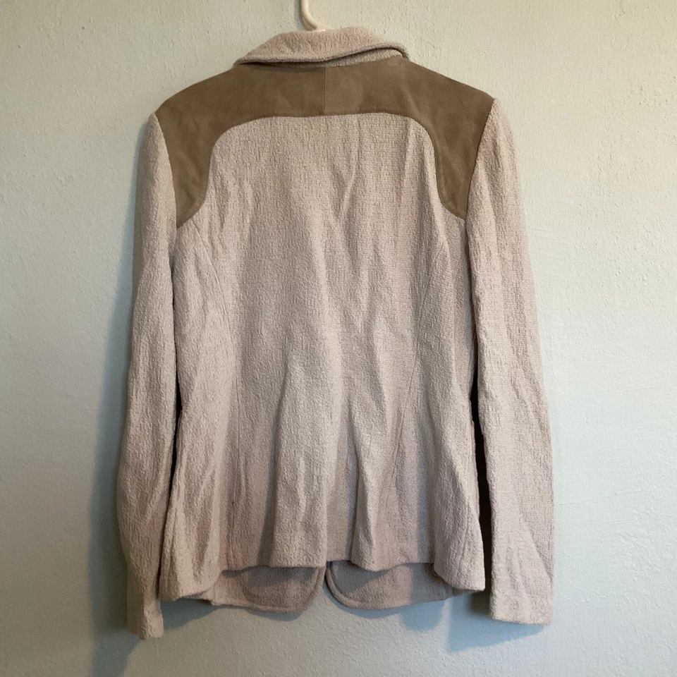 Jaqueta de malha St. John blazer 10 bege botão sólido manga longa acabamento de couro falha - Imagem 2 de 4